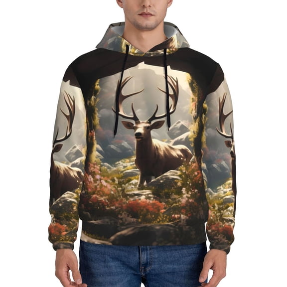 Xecao Enchanted Deer In Cave Pattern Men's Adult Pullover Hoodie,Hooded Sweatshirt-3X-Large