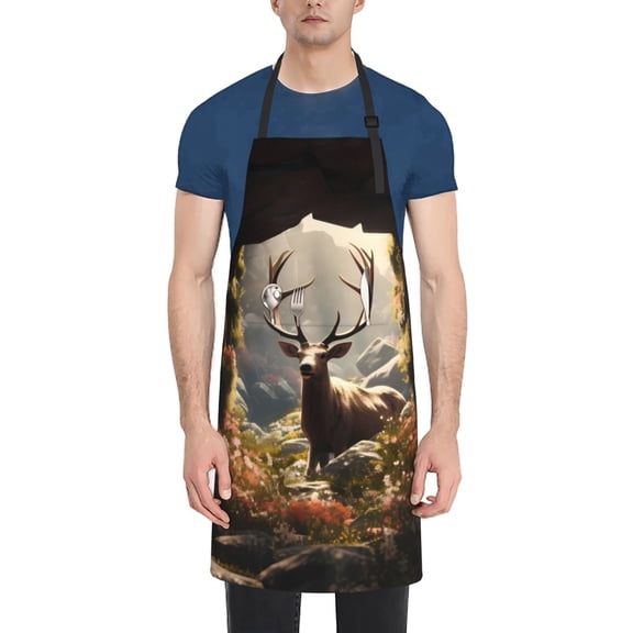 Xecao Enchanted Deer In Cave Print Kitchen Cooking Aprons, Waterproof Adjustable Bib Aprons with 2 Pockets for Women Men Chef