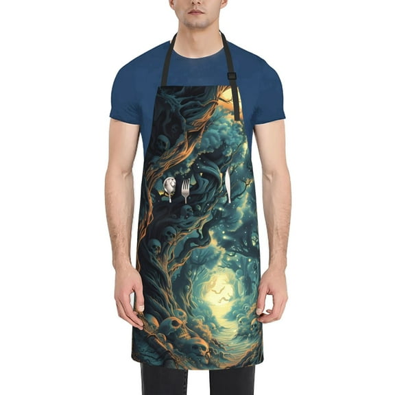 Xecao Enchanted Forest Skull Path Print Kitchen Cooking Aprons, Waterproof Adjustable Bib Aprons with 2 Pockets for Women Men Chef