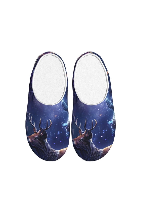 Enchanted Forest Stag Gathering Print Cotton Slippers Fuzzy Warm Cozy Slippers Non Slip House Slippers For Indoor Outdoor Cotton Slippers House Slippers-39/40