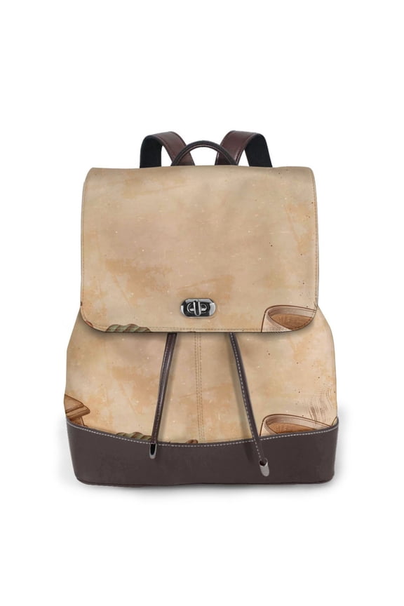 Engraved Coffee On Kraft Paper Print Large Backpack Soft Leather for Women Travel with Compartment, Adjustable Convertible Strap