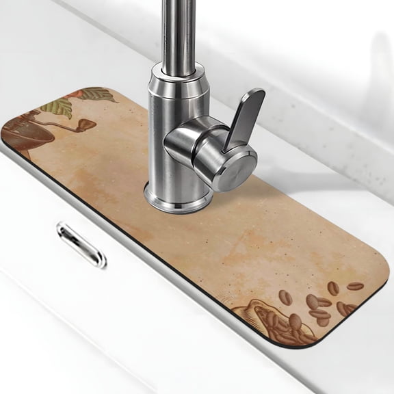 Xecao Engraved Coffee On Kraft Paper for Kitchen Sink Splash Guard Faucet Mat , Faucet Guard & Draining mat, (15" X 5.5" )