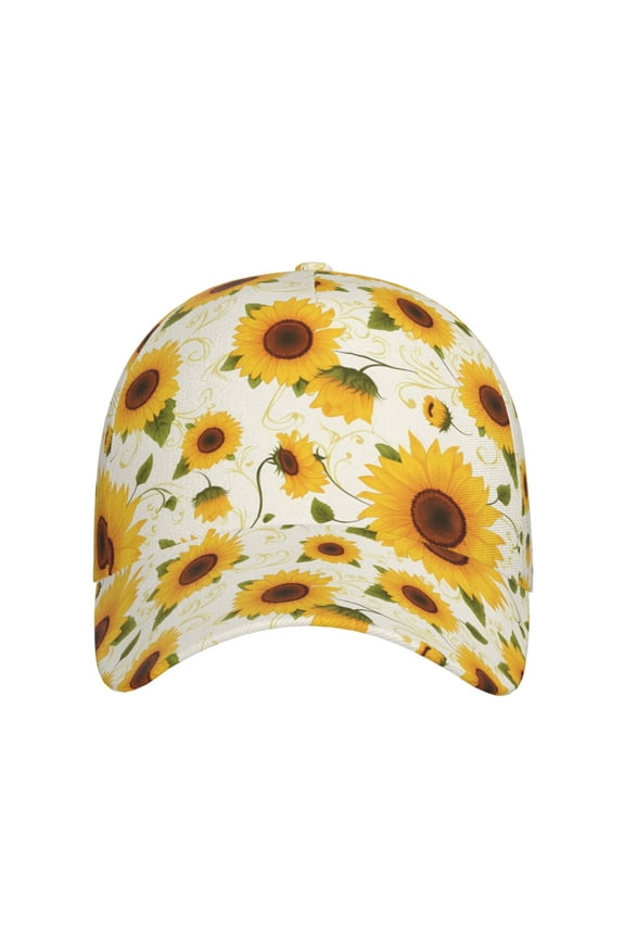 European-style Pattern Sunflower A for Baseball Cap: Unisex, crafted from classic polyester twill fabric, featuring a soft unconstructed design