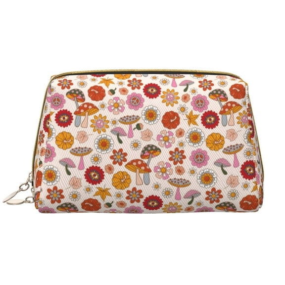 Xecao Fall 70s Groovy Hippie Print Fashion Makeup PVC Bag Large Capacity Travel Cosmetic Bag for Women Organizer Toiletry Clutch