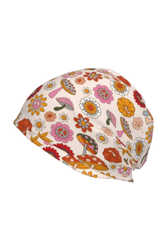 Fall 70s Groovy Hippie Print Knit Hat,Winter Beanie for Men Women, Beanie Soft Warm Ski Stocking Cuffed Cap
