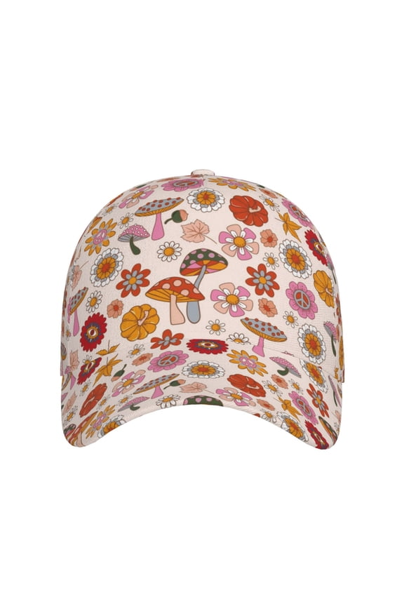 Fall 70s Groovy Hippie for Baseball Cap: Unisex, crafted from classic polyester twill fabric, featuring a soft unconstructed design