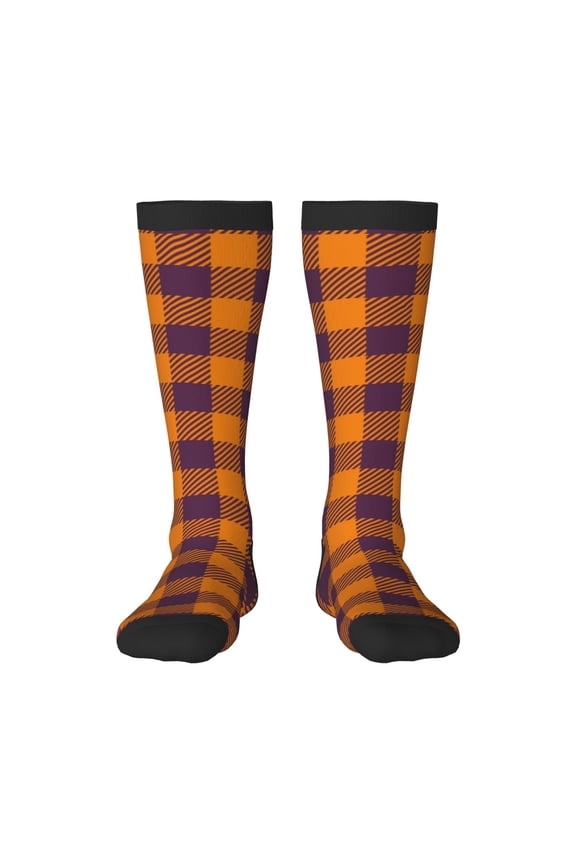 Fall Buffalo Plaid print thigh-high socks, crafted for both men and women with a stretchy, high-opaque design perfect for daily wear