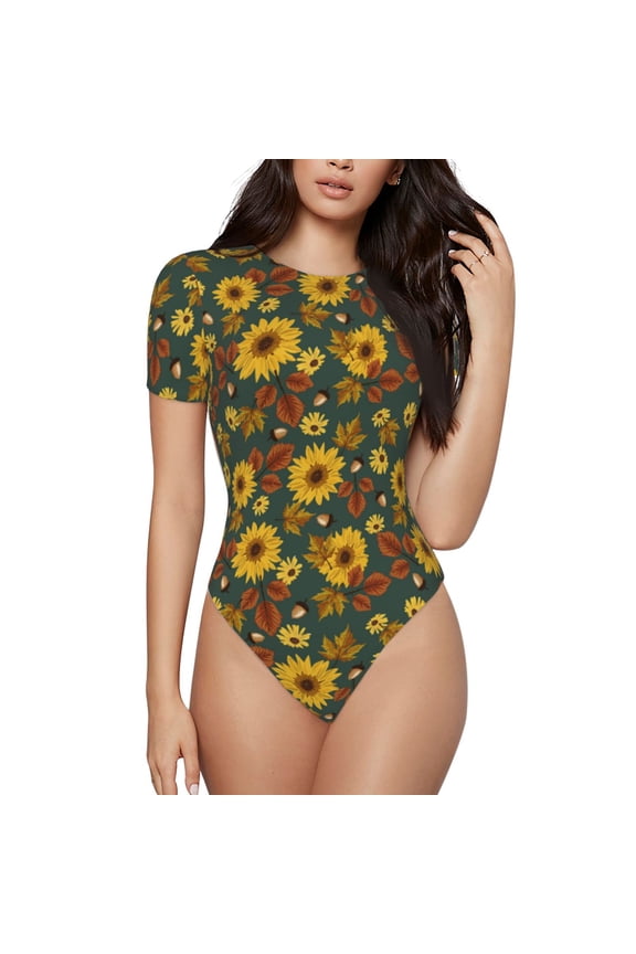 Fall Daisy Leaf Nuts Pattern Women's Crew Neck Body Suit, Short-Sleeved Bodysuit and Basic Swimsuit,Both Comfort and Style for Dating and Daily life -XX-Large