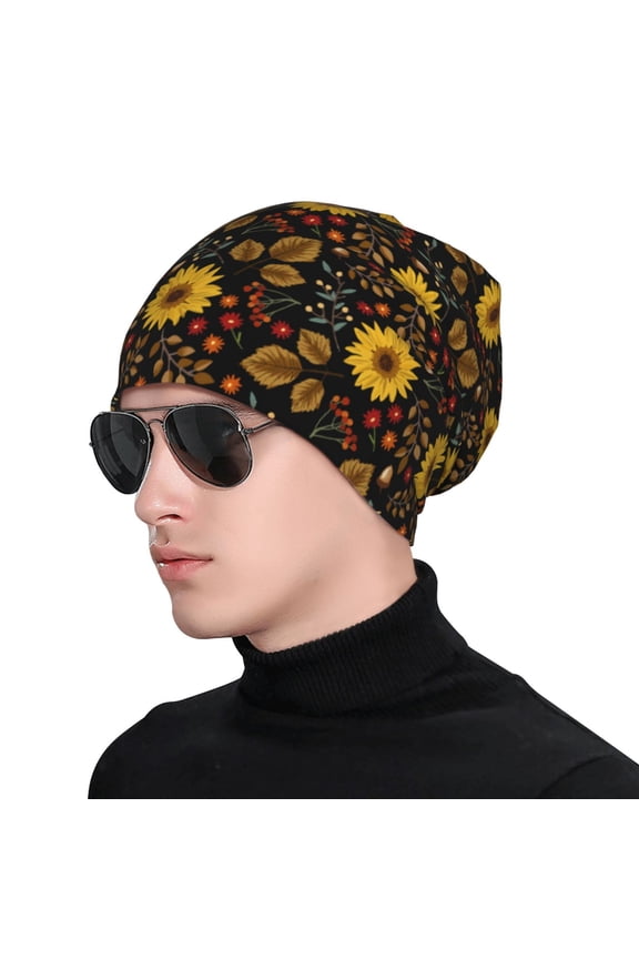 Fall Daisy Leaf Print Beanie Knitted Hat for Men Women, Winter Fashion Knit Cuffed Caps Unisex