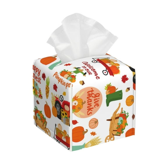 Xecao Fall Farm Pumpkin for Tissue Box Cover Holder Square - Leather Decorative Organizer for Tabletop, Bathroom, Car, Office