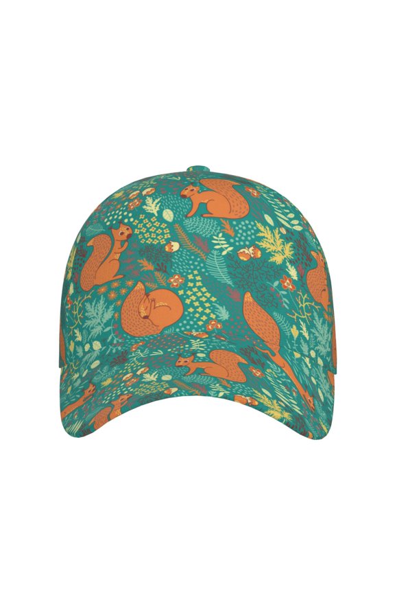 Fall Forest Squirrel for Baseball Cap: Unisex, crafted from classic polyester twill fabric, featuring a soft unconstructed design