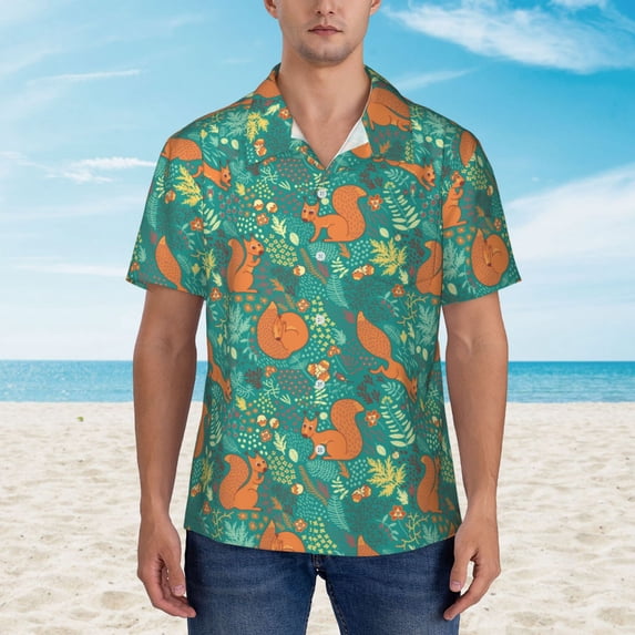 Xecao Fall Forest Squirrel print Hawaiian shirt - a stylish short-sleeve button-down for men, perfect for casual beach and tropical outings.