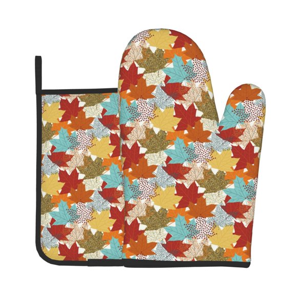 Xecao Fall Maple Leaves Pattern Oven Mitts and Pot Holders Sets Heat Resistant Silicone Oven Mittens Extra Thicken Long Kitchen Cotton Oven Glove for Cooking
