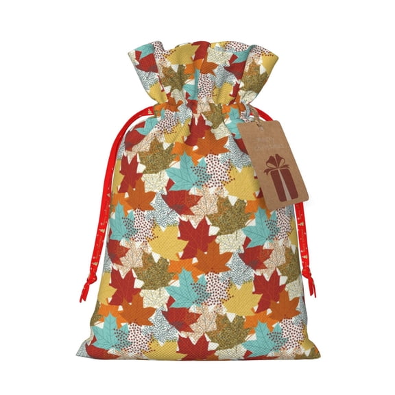 Xecao Fall Maple Leaves Print Burlap Gift Bags with Drawstring and Gift Tags, Gift Bags, Burlap Bags, Jute Bags for Party, Christmas, DIY Craft Bags-Medium
