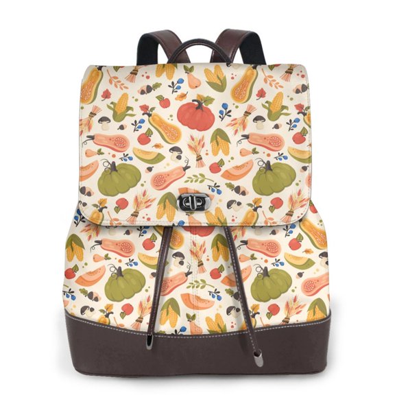 Xecao Fall Pumpkin Print Large Backpack Soft Leather for Women Travel with Compartment, Adjustable Convertible Strap