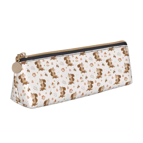Xecao Fall Squirrel Print Leather Pencil Case -Stationery Bag Pen Holder for Work & Office