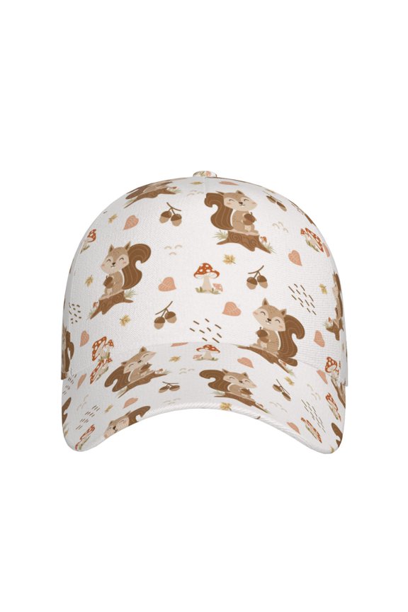 Fall Squirrel for Baseball Cap: Unisex, crafted from classic polyester twill fabric, featuring a soft unconstructed design
