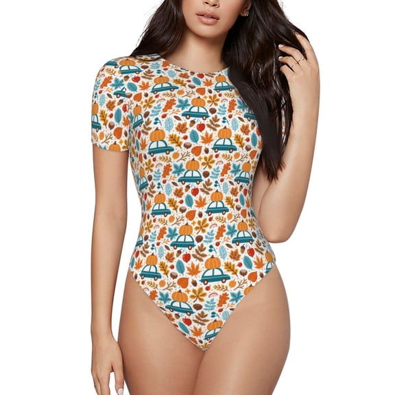 Xecao Falling Pumpkins On Car Pattern Women's Crew Neck Body Suit, Short-Sleeved Bodysuit and Basic Swimsuit,Both Comfort and Style for Dating and Daily life -Small