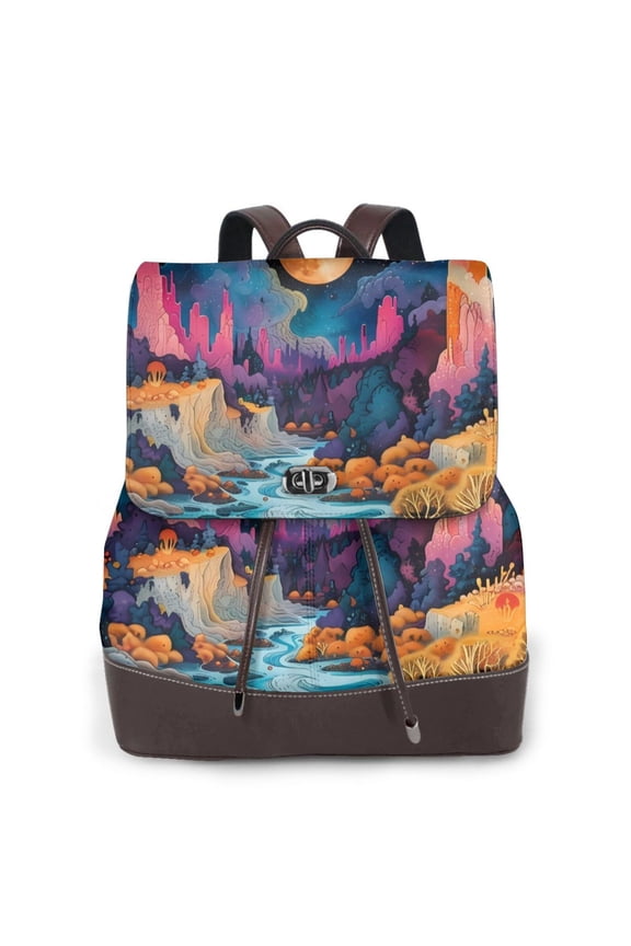 Fantasy Cosmic Landscape Print Large Backpack Soft Leather for Women Travel with Compartment, Adjustable Convertible Strap