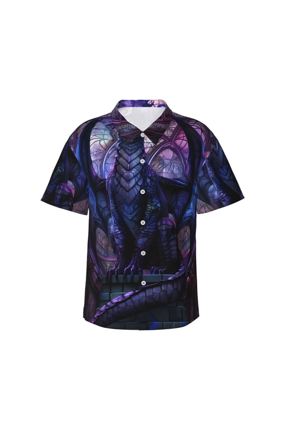 Fantasy Dragon In Cathedral Print Hawaiian shirt - A Stylish Short-Sleeve Button-Down for Men, Perfect for Casual Beach and Tropical Outings.,Large