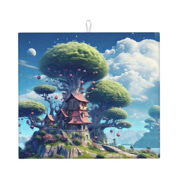 Xecao Fantasy Treehouse Planet Scene Print Dish Drying Mat for Kitchen Counter,Absorbent Coffee Bar Mat, Dish Drainer Rack Mats,Dining Room Decoration