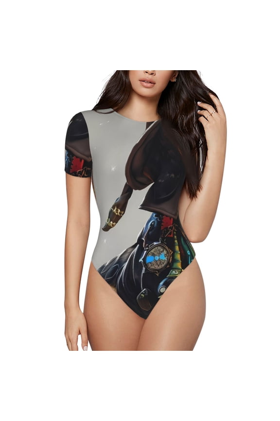 Fantasy Wizard Dog Art Pattern Women's Crew Neck Body Suit, Short-Sleeved Bodysuit and Basic Swimsuit,Both Comfort and Style for Dating and Daily life -