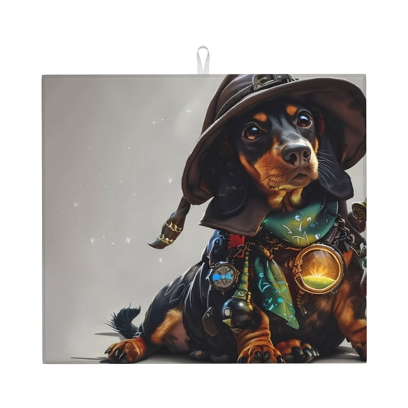 Xecao Fantasy Wizard Dog Art Print Dish Drying Mat for Kitchen Counter,Absorbent Coffee Bar Mat, Dish Drainer Rack Mats,Dining Room Decoration