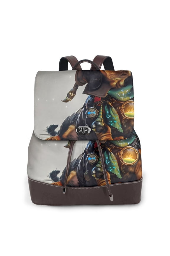 Fantasy Wizard Dog Art Print Large Backpack Soft Leather for Women Travel with Compartment, Adjustable Convertible Strap