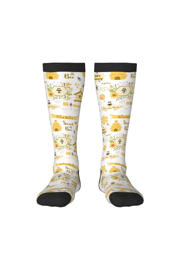 Farm Bee Cute Honey print thigh-high socks, crafted for both men and women with a stretchy, high-opaque design perfect for daily wear
