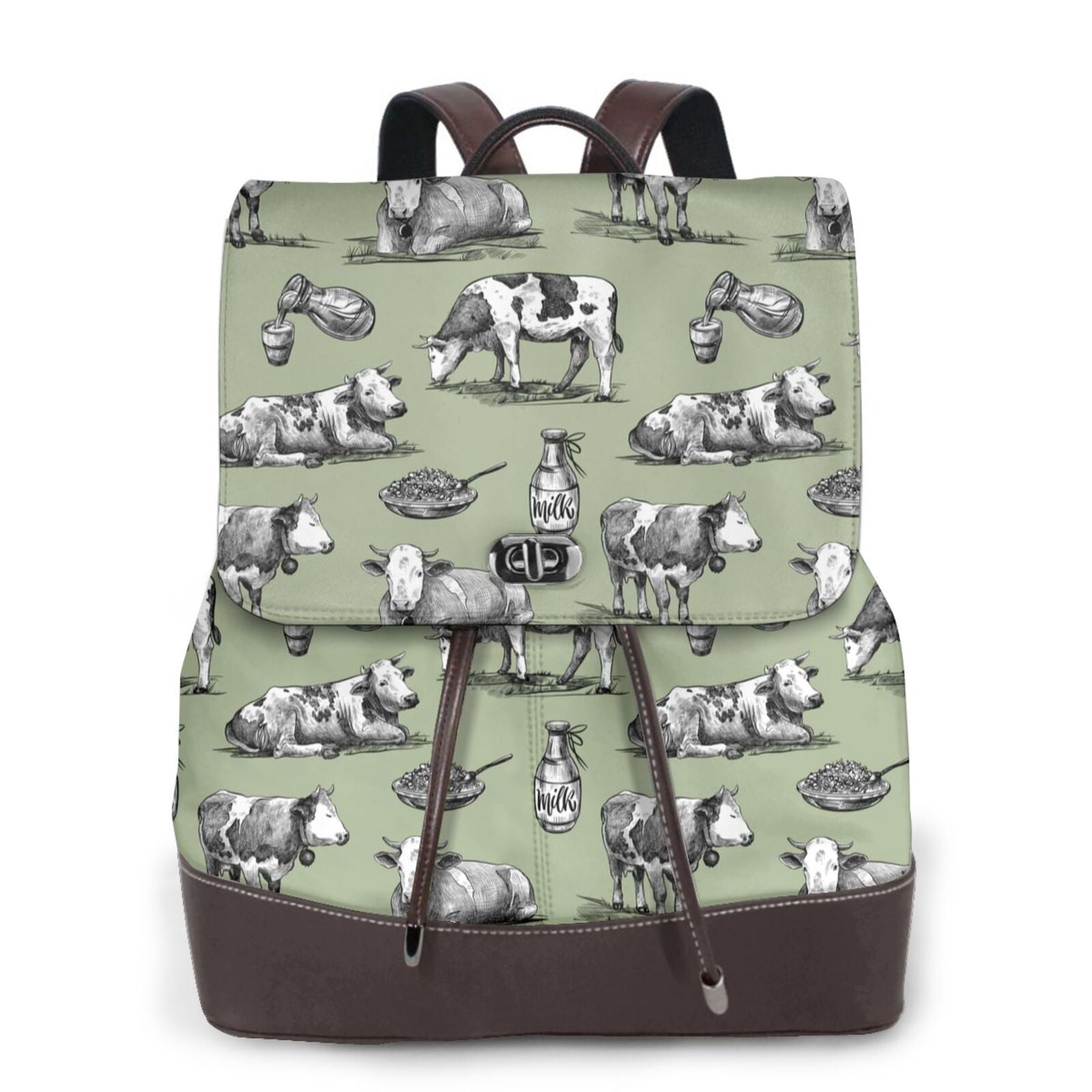 Xecao Farm Cows Print Large Backpack Soft Leather for Women Travel with Compartment, Adjustable Convertible Strap