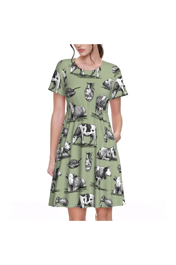Farm Cows for Women Summer Short Sleeve Midi Dress with Pockets Casual Aline Flowy Tshirt Dress Vocation Beach Sundress