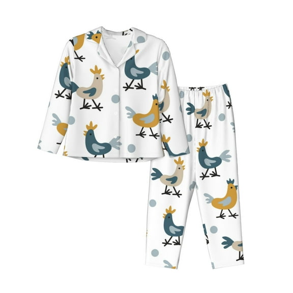 Xecao Farm Roosters Print Women Pajamas Set Soft Sleepwear Pjs long Sleeve Button Down Nightwear with Long Pants