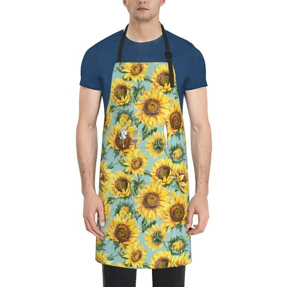 Xecao Farmhouse Sunflower Print Kitchen Cooking Aprons, Waterproof Adjustable Bib Aprons with 2 Pockets for Women Men Chef
