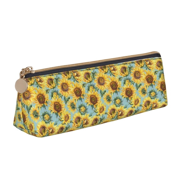 Xecao Farmhouse Sunflower Print Leather Pencil Case -Stationery Bag Pen Holder for Work & Office
