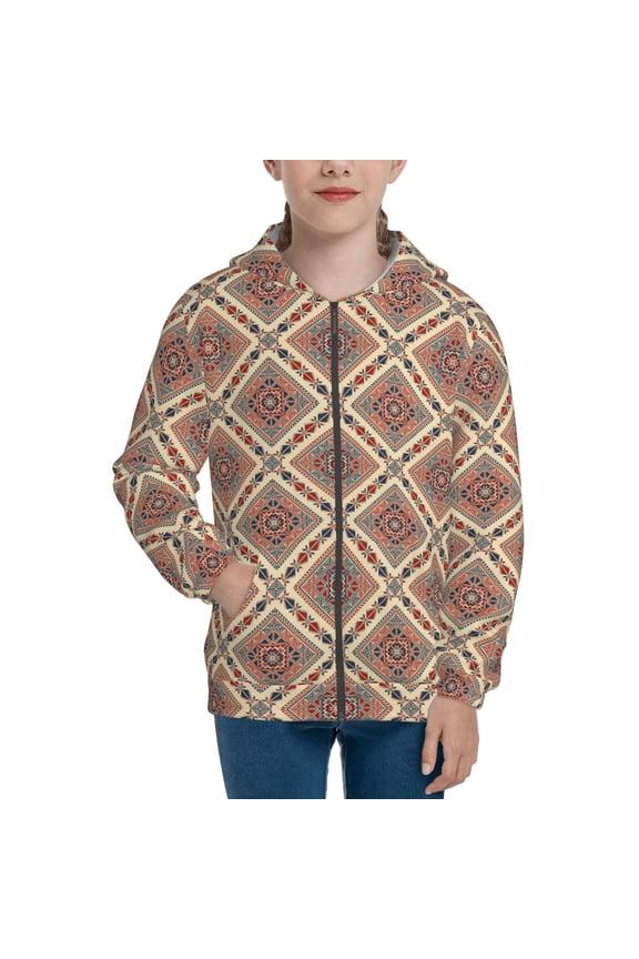 Fashion Tatreez Pattern Zip Up Hoodies for Boys Girls, Sweatshirt with Pockets-Small