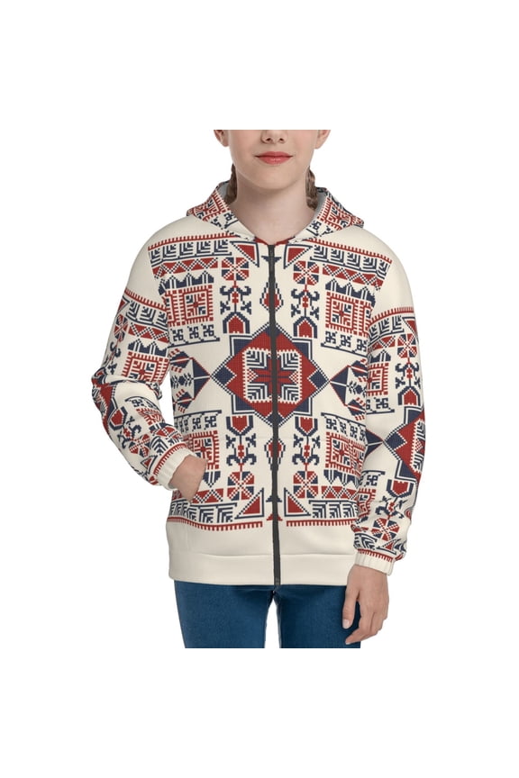 Fashion Tatreez1 Pattern Zip Up Hoodies for Boys Girls, Sweatshirt with Pockets-Small