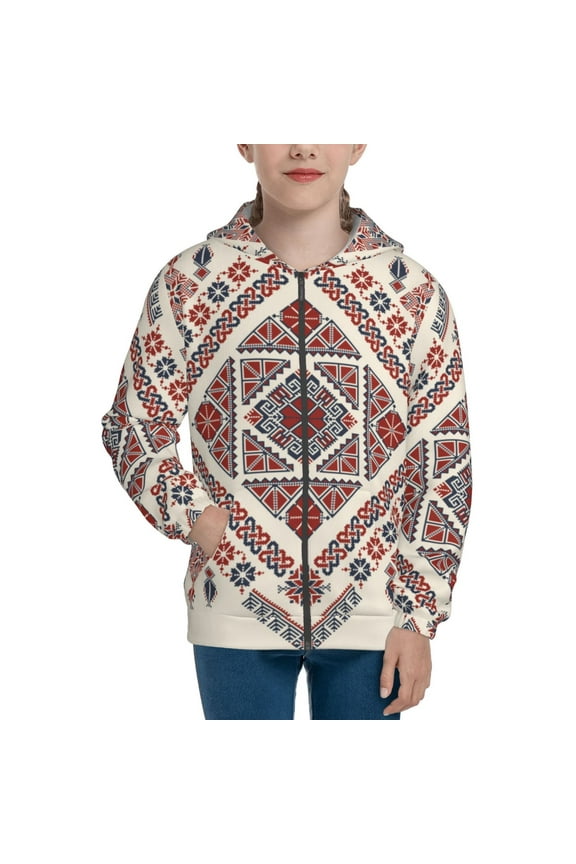 Fashion Tatreez2 Pattern Zip Up Hoodies for Boys Girls, Sweatshirt with Pockets-Small