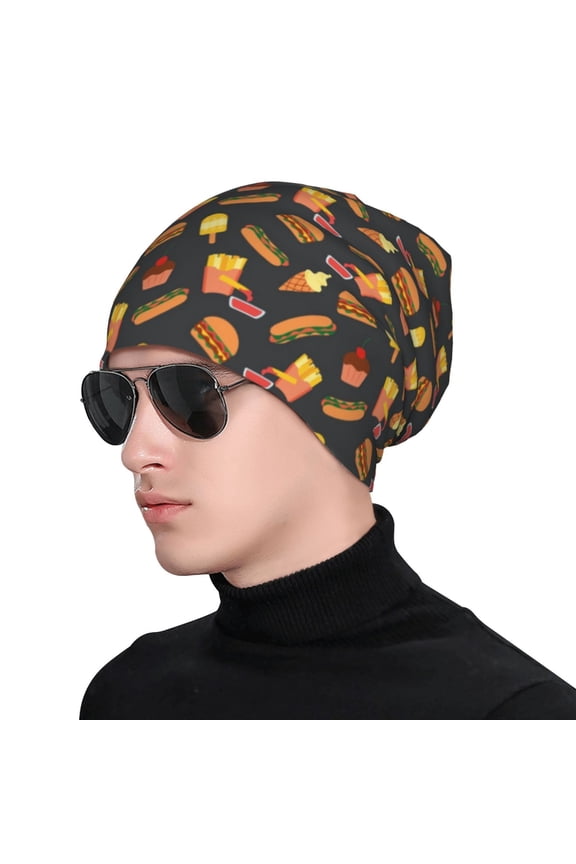 Fast Food Print Beanie Knitted Hat for Men Women, Winter Fashion Knit Cuffed Caps Unisex
