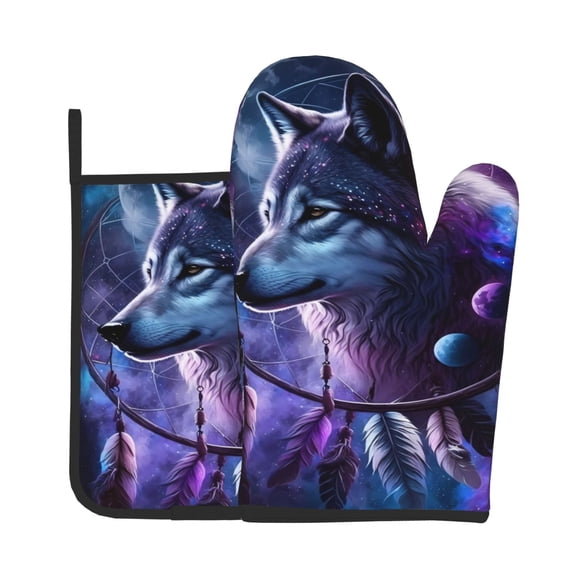 Xecao Feathered Wolf Pattern Oven Mitts and Pot Holders Sets Heat Resistant Silicone Oven Mittens Extra Thicken Long Kitchen Cotton Oven Glove for Cooking