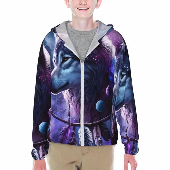 Xecao Feathered Wolf Print Fishing Shirts for teenager Long Sleeve UV Sun Protection Hoodie with Zipper Outdoor Hiking Shirts-Small