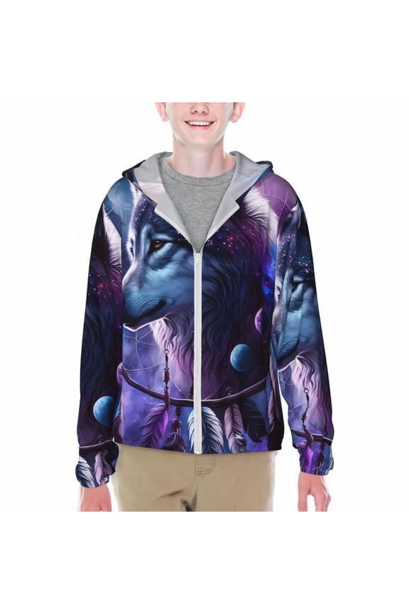 Feathered Wolf Print Fishing Shirts for teenager Long Sleeve UV Sun Protection Hoodie with Zipper Outdoor Hiking Shirts-Small