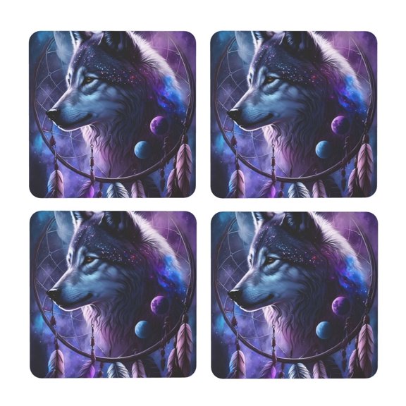 Xecao Feathered Wolf for MDF Cork Coaster 4 Pcs,Drink Coasters,Suit for House Warming Gifts New Home ,Coffee Table Decor-Square