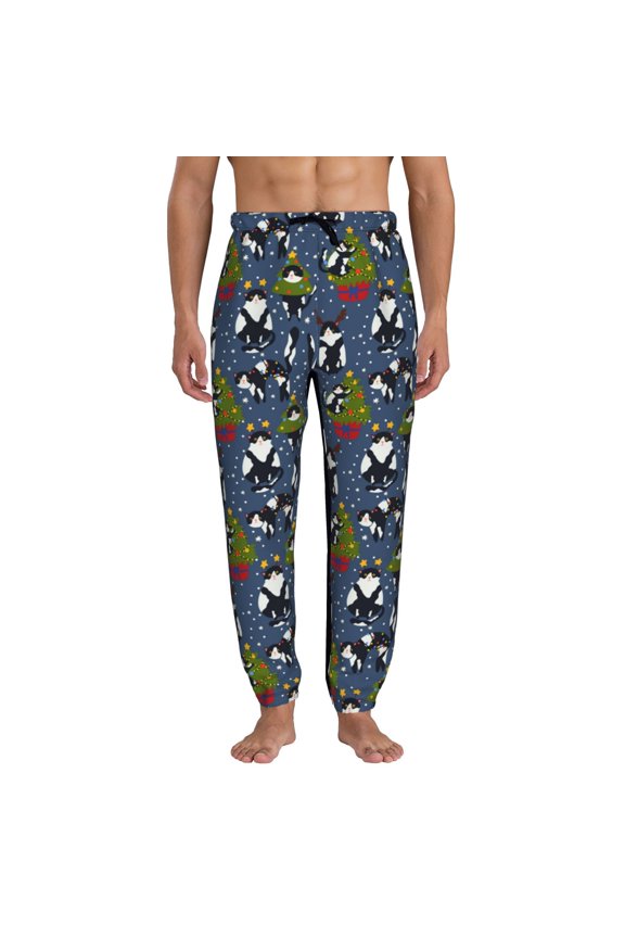 Festive Cats and Trees Print Active Tech Joggers for Men, Mens Sweatpants Lounge Pants with Pockets-Medium
