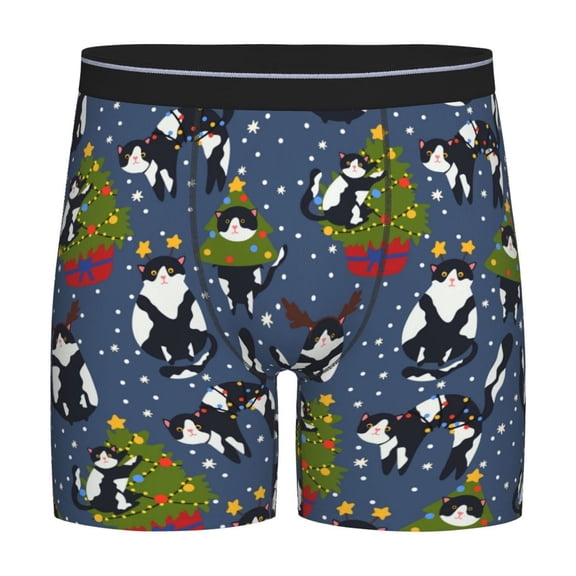 Xecao Festive Cats and Trees Print Boxer Briefs for Men's Stretch Moisture-Wicking Underwear, Mid-Rise Classics breathable fabric
