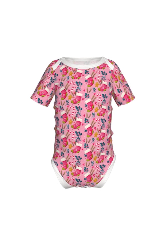 Festive Christmas Stocking Cheer Pattern Baby Climbing Bodysuit Short Sleeve Onesie Unisex 0-12 Months Baby Shirt Newborn Outfits Crotch snap design-9M