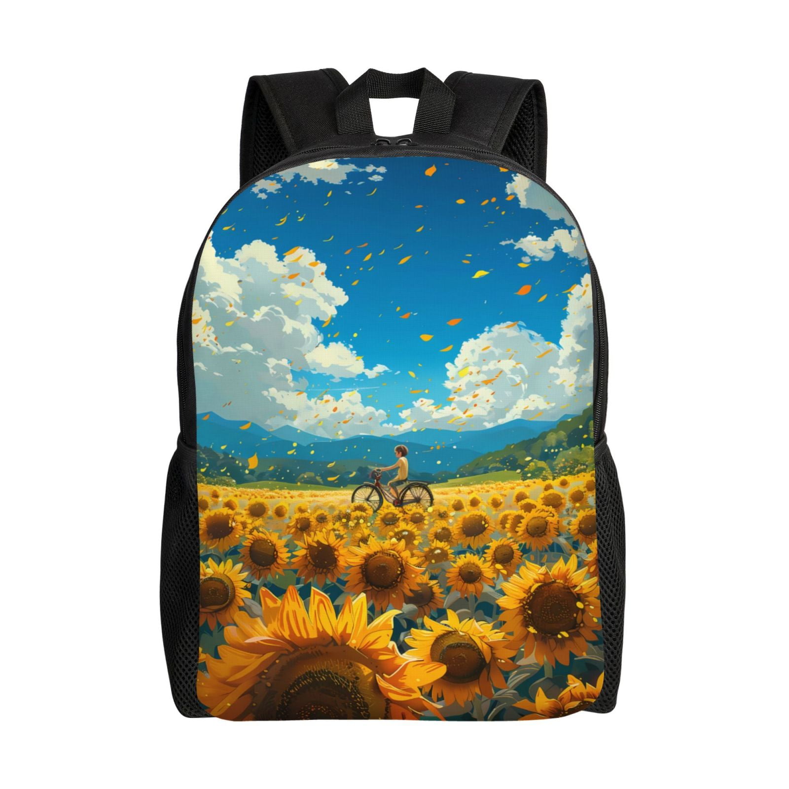 Xecao Field Bicycle Young Sunflower Print School Backpack with Laptop Compartment Small Travel Laptop Backpack for Women Men Waterproof College Backpack Simple School Bag