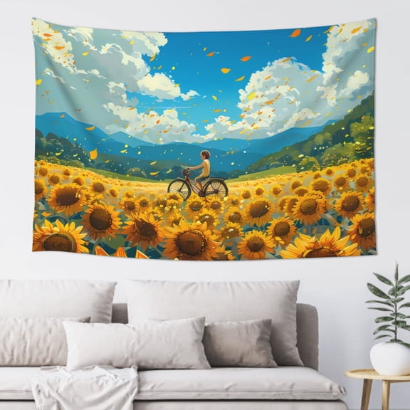Xecao Field Bicycle Young Sunflower Print Tapestry, Wall Hanging Room Funny Decor, Backdrop Room Decor for Bedroom Living Room dormitory