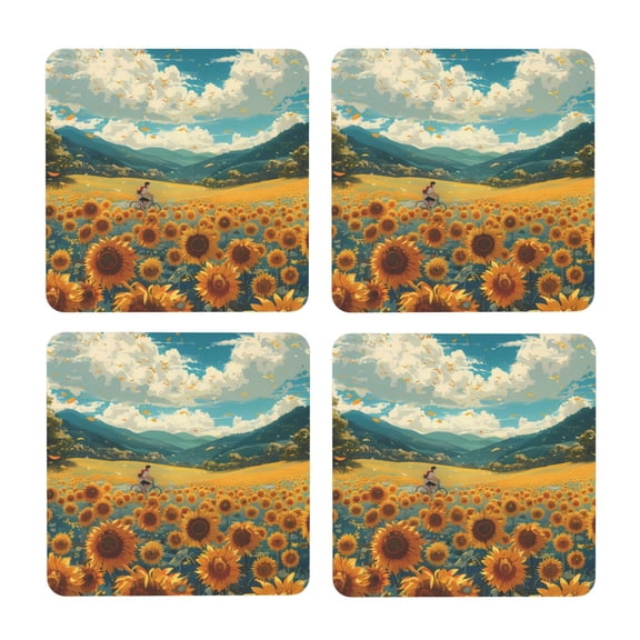 Xecao Field Style Bicycle Young Sunflower for MDF Cork Coaster 4 Pcs,Drink Coasters,Suit for House Warming Gifts New Home ,Coffee Table Decor-Square
