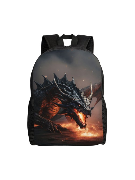 Fiery Black Dragon Attack Print School Backpack with Laptop Compartment Small Travel Laptop Backpack for Women Men Waterproof College Backpack Simple School Bag