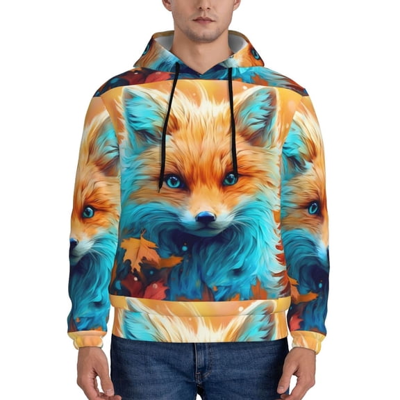 Xecao Fiery Red Maple Leaf Fox Pattern Men's Adult Pullover Hoodie,Hooded Sweatshirt-3X-Large